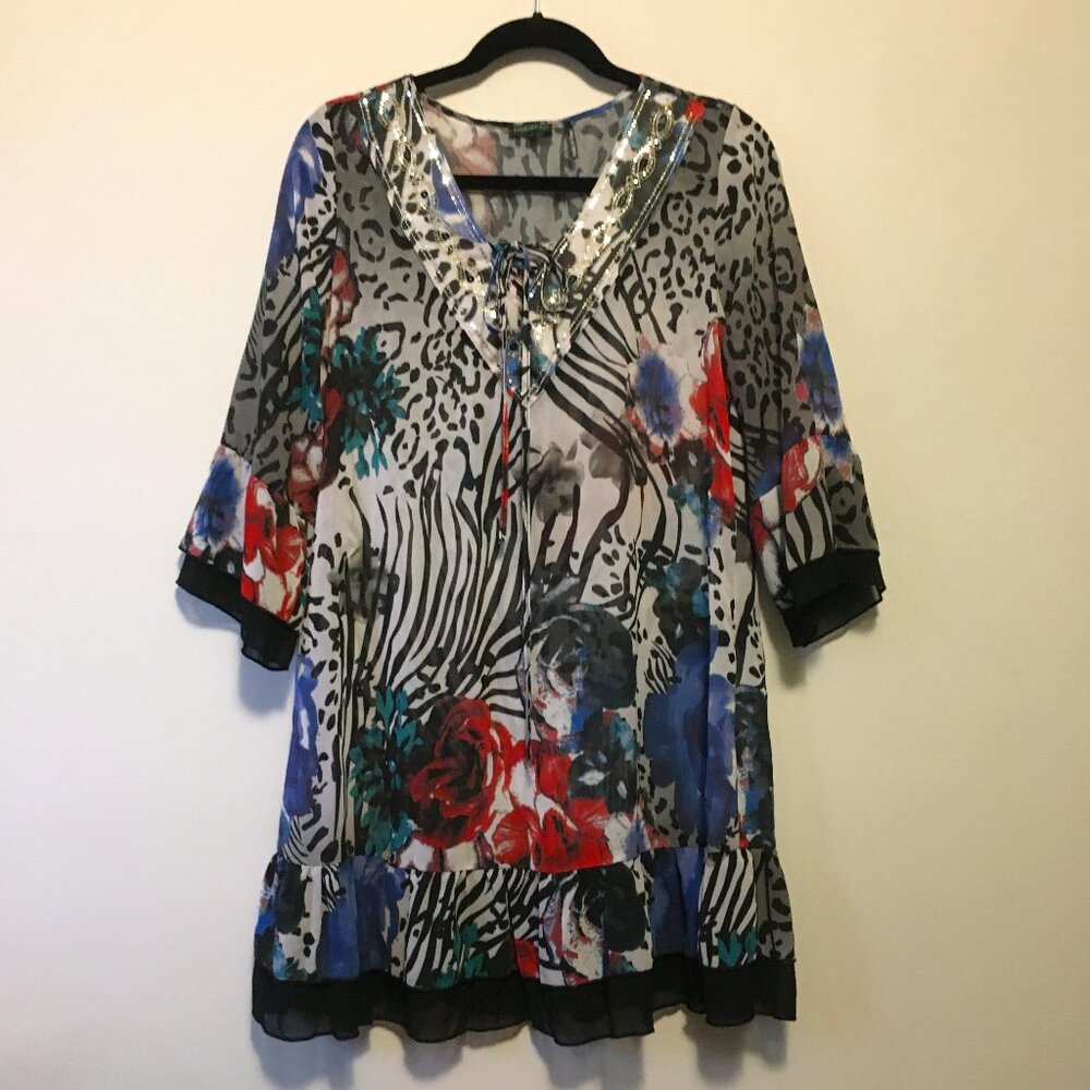 Montreal Tricotto Sheer Lace Up Bell Sleeve Tiered Dress S Artsy Lagenlook